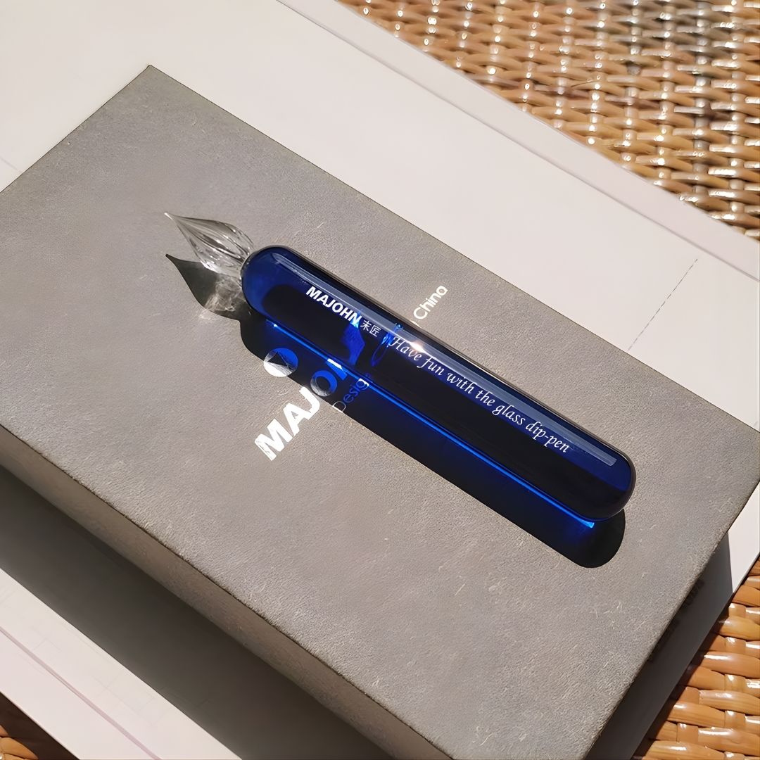 MAJOHN Crystal Glass Dip Pen – Handmade 0.5mm Fine Nib | Printed Quote | Blue