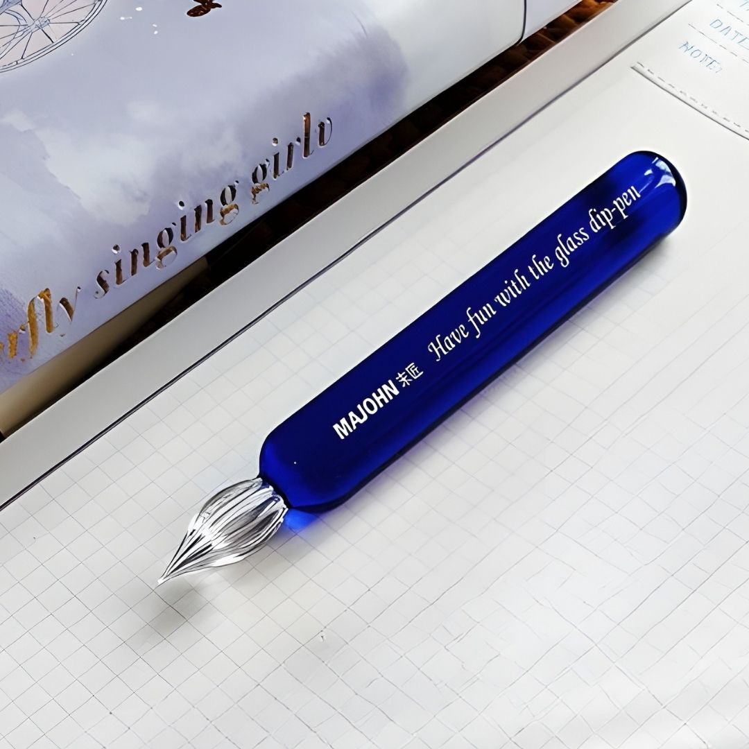 MAJOHN Crystal Glass Dip Pen – Handmade 0.5mm Fine Nib | Printed Quote | Blue