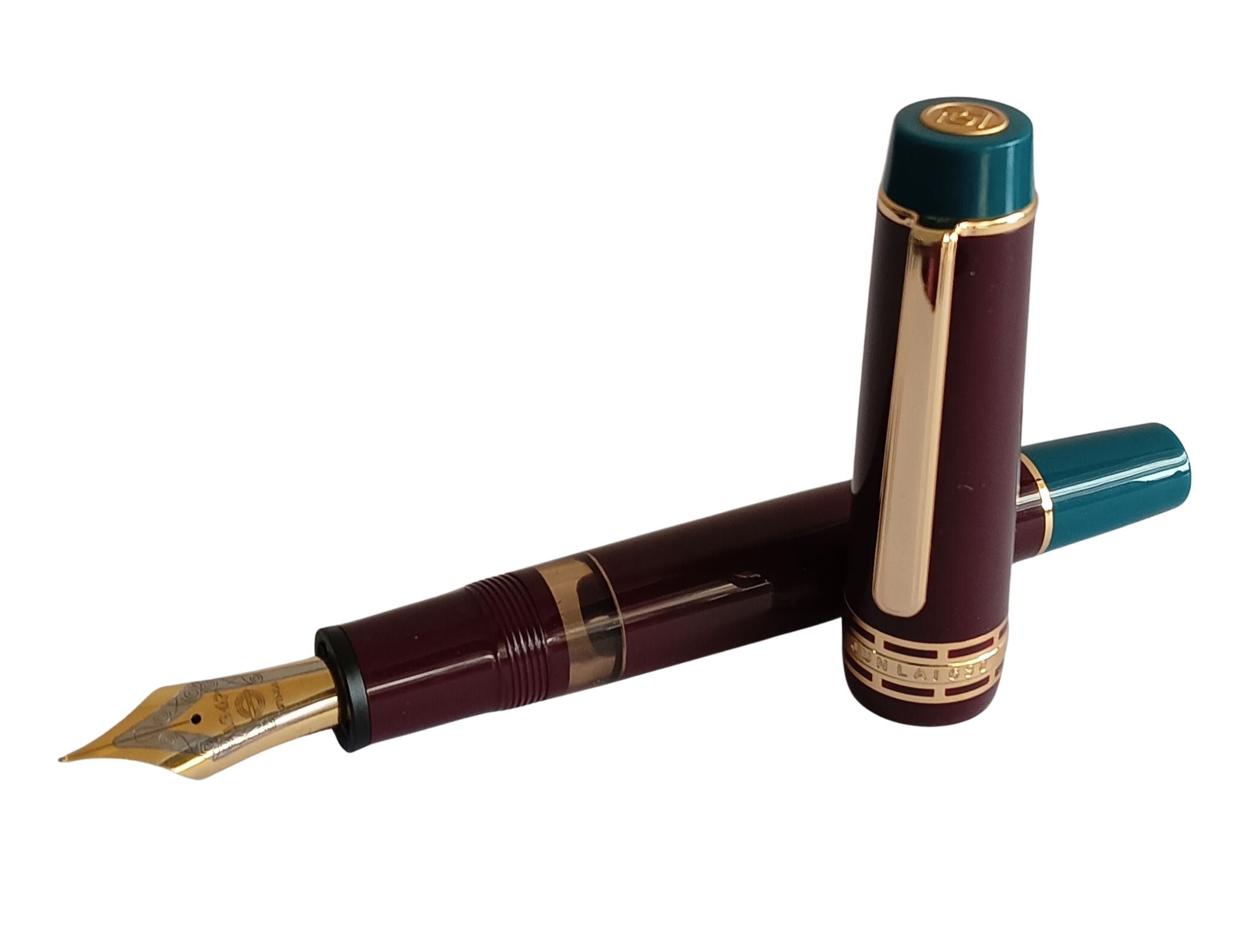 Wing Sung 630 Limited Edition Bespoke Fountain Pen - Maroon Body with Teal Ends, Open Ink Window, #8 Fine Nib - Piston Filler