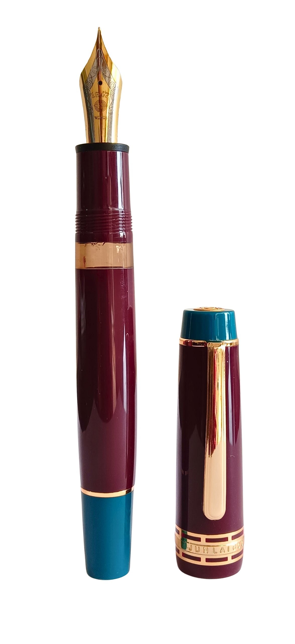Wing Sung 630 Limited Edition Bespoke Fountain Pen - Maroon Body with Teal Ends, Open Ink Window, #8 Fine Nib - Piston Filler