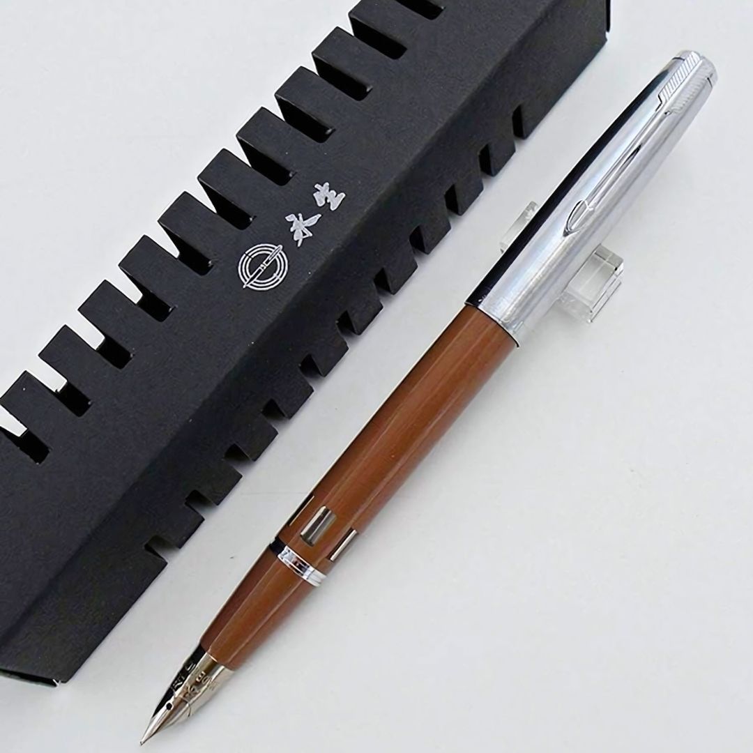 Wing Sung 601A Brown Steel Cap Vacumatic Fountain Pen with Ink Window – 0.5mm Fine Nib, Resin Body, Push-Cap with Converter & Box (No Ink)
