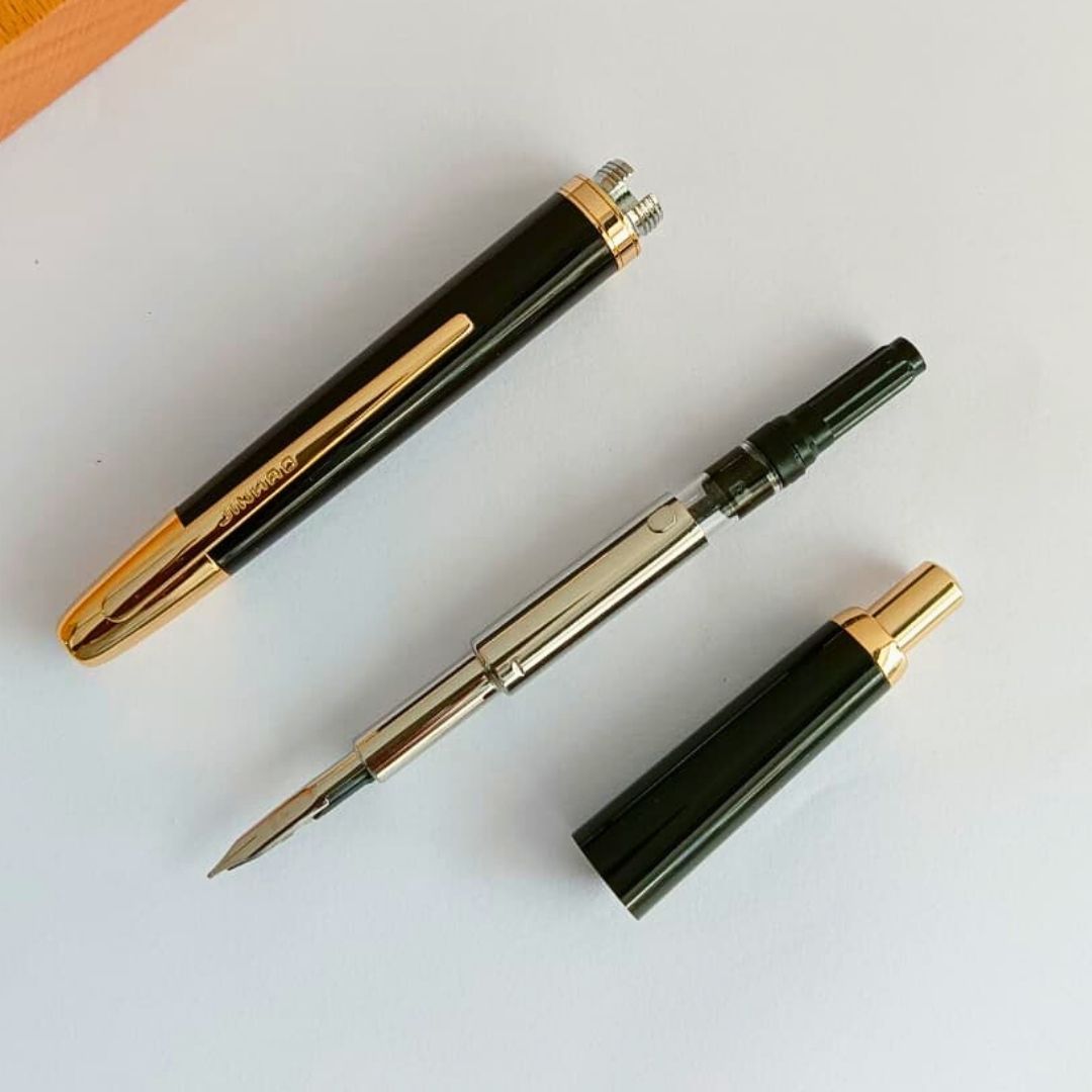 Jinhao 20 Press Retractable Fountain Pen –Piano Black Colors –Plastic Body (Golden clip)-  Fine & Extra Fine Nib with Converter – Smooth Writing Daily Pen (No Ink Included)