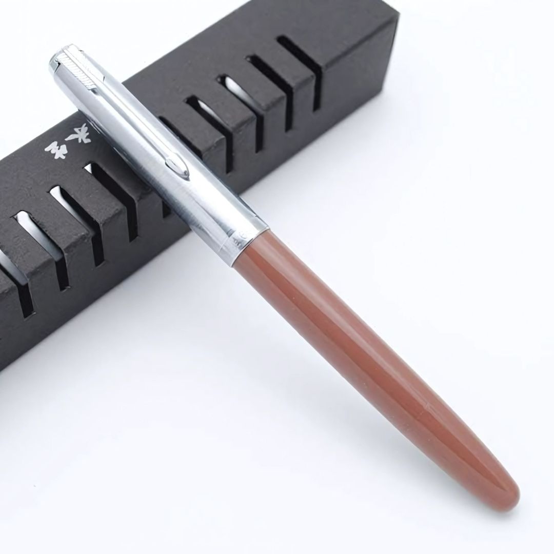 Wing Sung 601A Brown Steel Cap Vacumatic Fountain Pen with Ink Window – 0.5mm Fine Nib, Resin Body, Push-Cap with Converter & Box (No Ink)