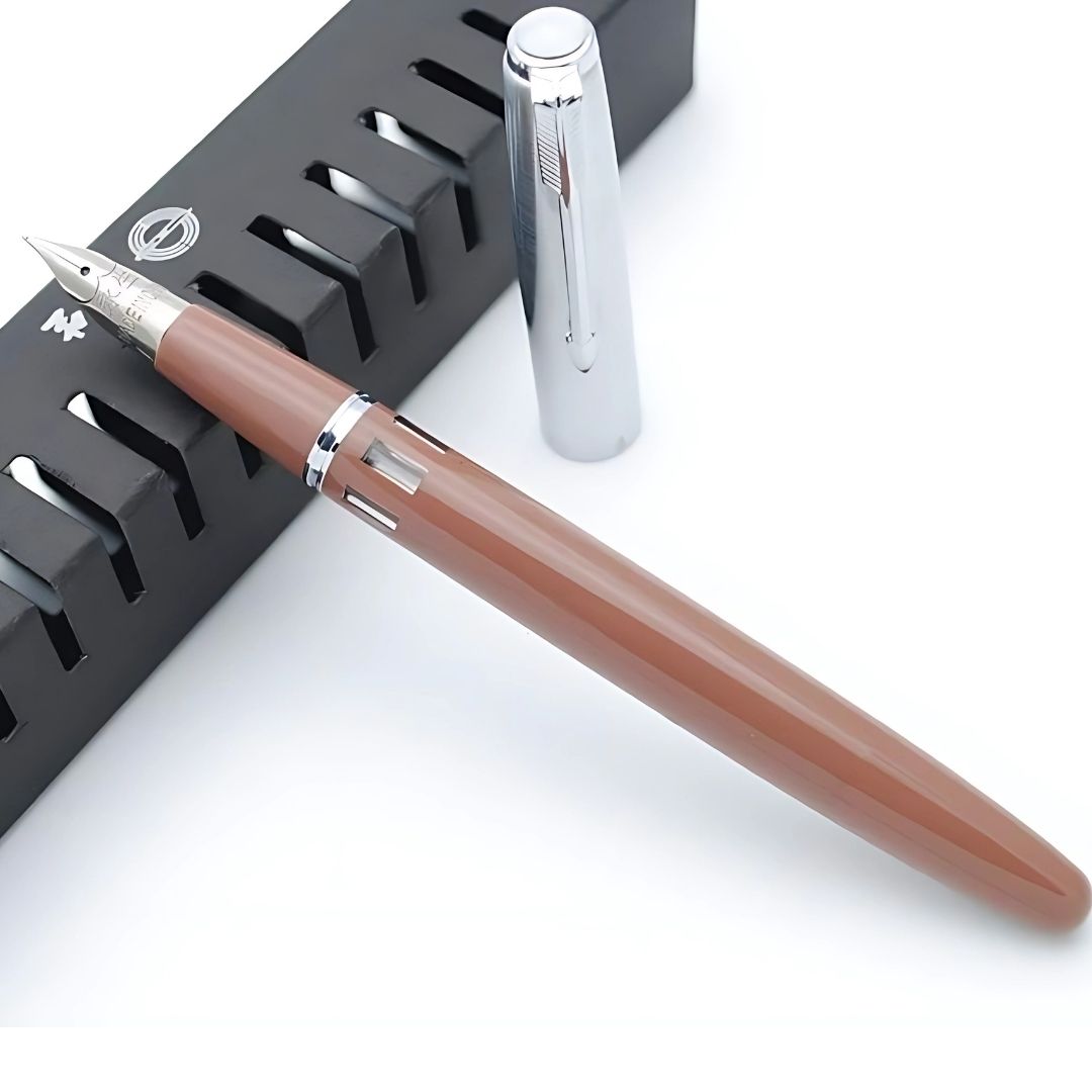Wing Sung 601A Brown Steel Cap Vacumatic Fountain Pen with Ink Window – 0.5mm Fine Nib, Resin Body, Push-Cap with Converter & Box (No Ink)