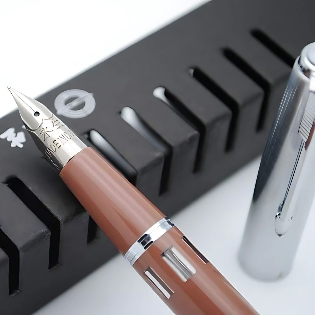 Wing Sung 601A Brown Steel Cap Vacumatic Fountain Pen with Ink Window – 0.5mm Fine Nib, Resin Body, Push-Cap with Converter & Box (No Ink)