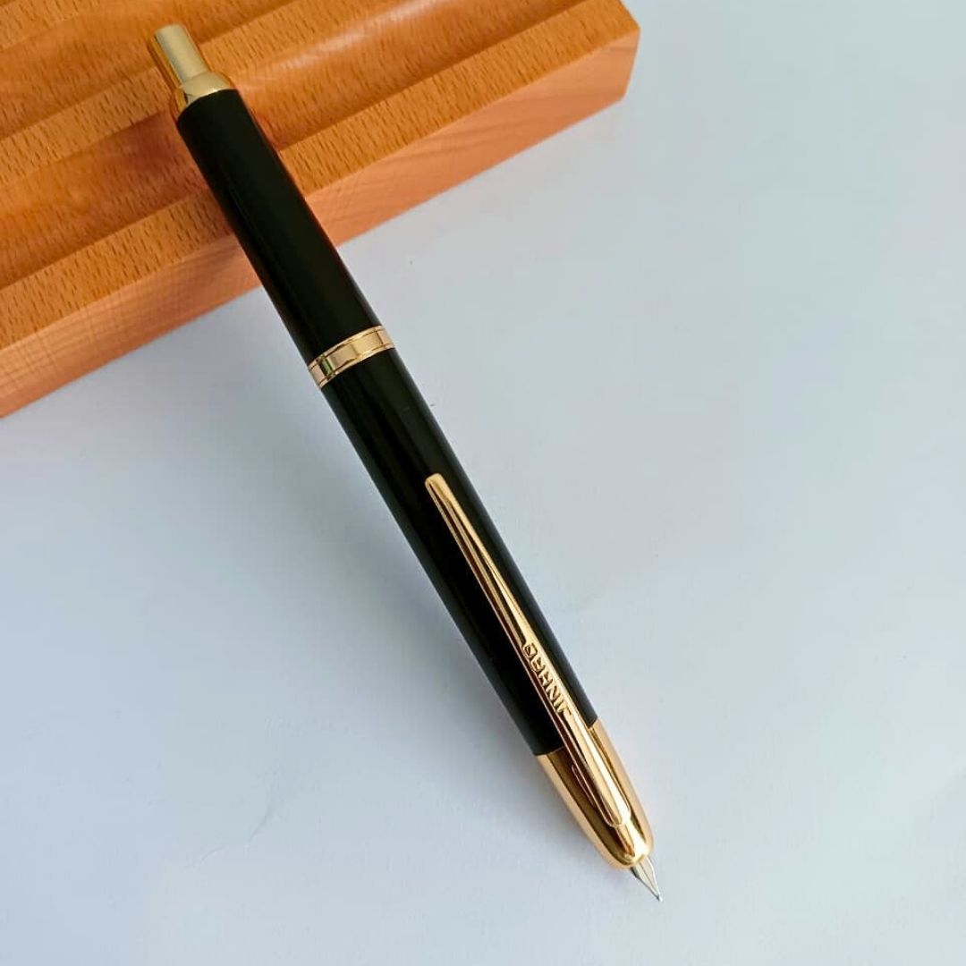 Jinhao 20 Press Retractable Fountain Pen –Piano Black Colors –Plastic Body (Golden clip)-  Fine & Extra Fine Nib with Converter – Smooth Writing Daily Pen (No Ink Included)