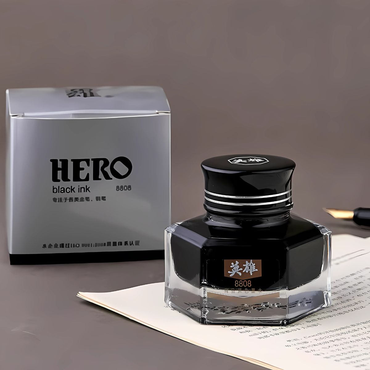 Hero 8808 Fountain Pen Ink Bottle – 50ml Pure Black, Non-Carbon Ink for Fountain Pens, Dip Pens & Calligraphy – Quick Dry, Smudge-Free, Safe for Nibs