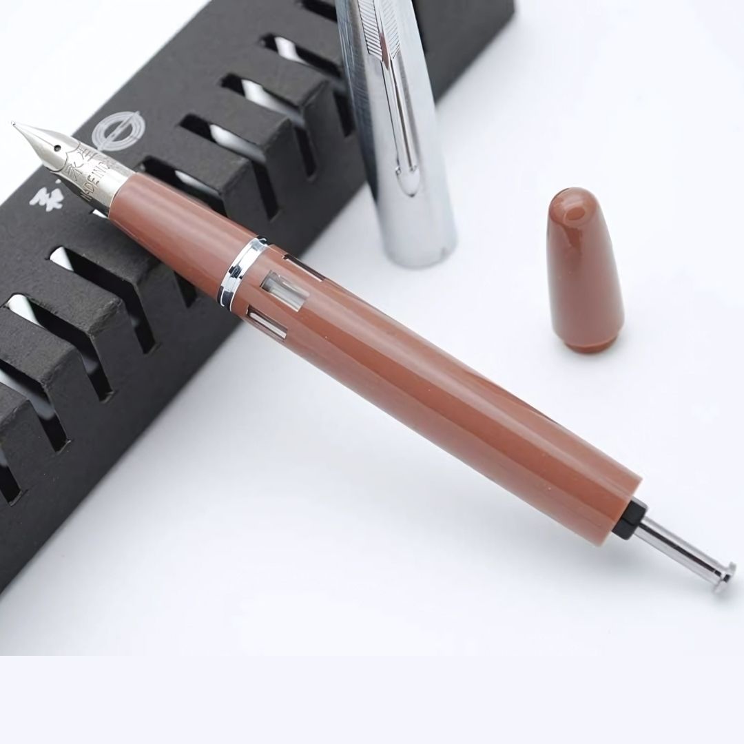 Wing Sung 601A Brown Steel Cap Vacumatic Fountain Pen with Ink Window – 0.5mm Fine Nib, Resin Body, Push-Cap with Converter & Box (No Ink)