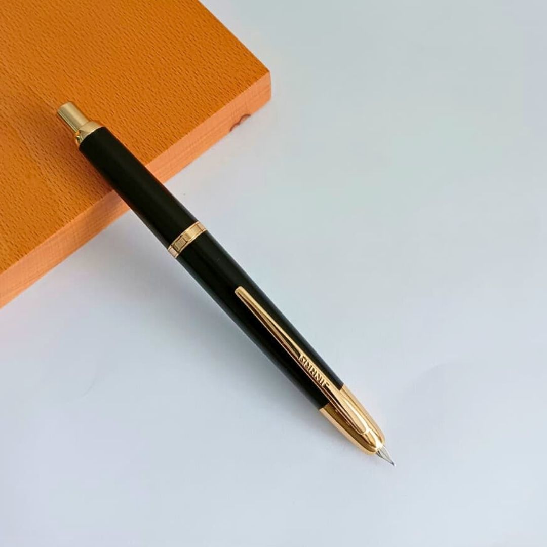 Jinhao 20 Press Retractable Fountain Pen –Piano Black Colors –Plastic Body (Golden clip)-  Fine & Extra Fine Nib with Converter – Smooth Writing Daily Pen (No Ink Included)