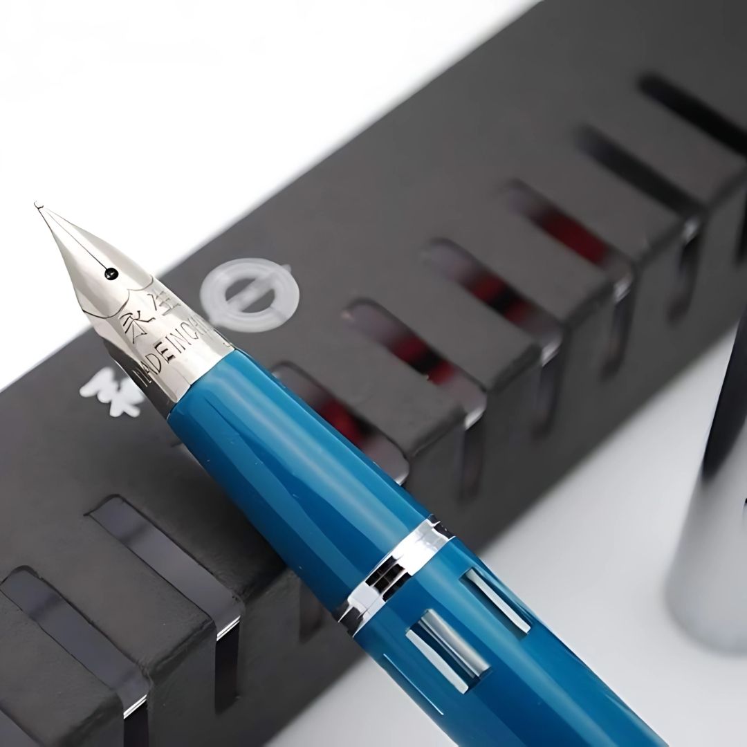 Wing Sung 601A Blue-Green Steel Cap Vacumatic Fountain Pen with Ink Window – 0.5mm Fine Nib, Resin Body, Push-Cap with Converter & Box (No Ink)