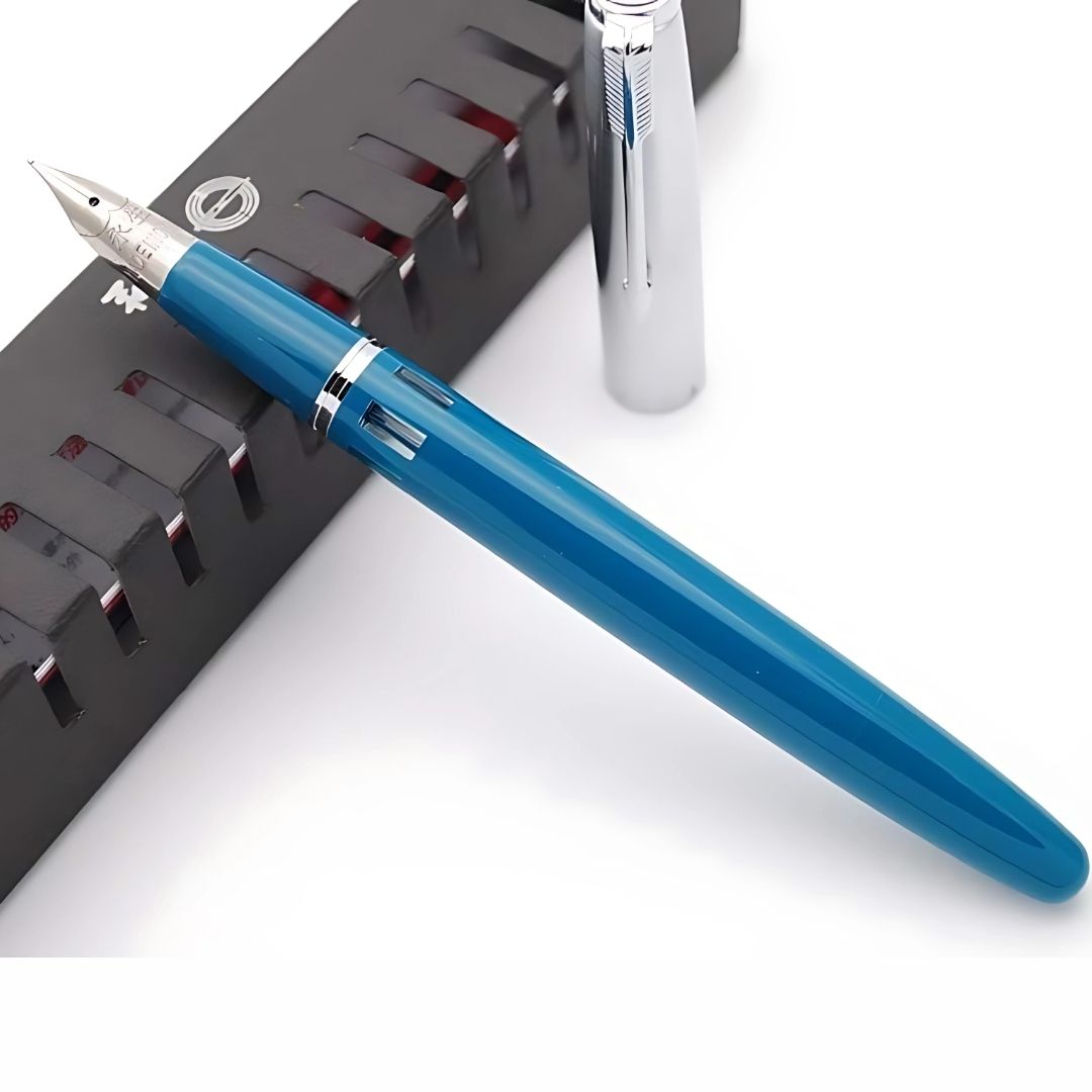 Wing Sung 601A Blue-Green Steel Cap Vacumatic Fountain Pen with Ink Window – 0.5mm Fine Nib, Resin Body, Push-Cap with Converter & Box (No Ink)