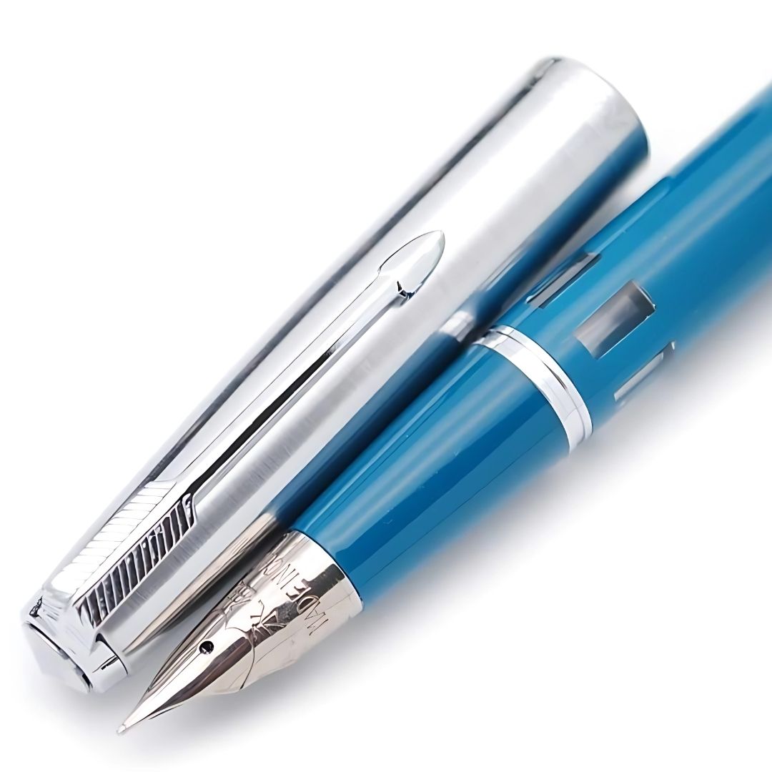 Wing Sung 601A Blue-Green Steel Cap Vacumatic Fountain Pen with Ink Window – 0.5mm Fine Nib, Resin Body, Push-Cap with Converter & Box (No Ink)