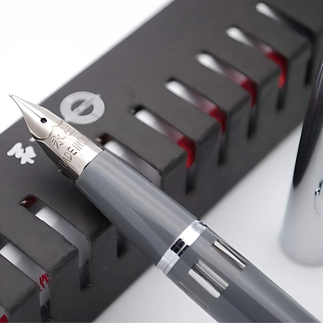 Wing Sung 601A Grey Steel Cap Vacumatic Fountain Pen with Ink Window – 0.5mm Fine Nib, Resin Body, Push-Cap with Converter & Box (No Ink)