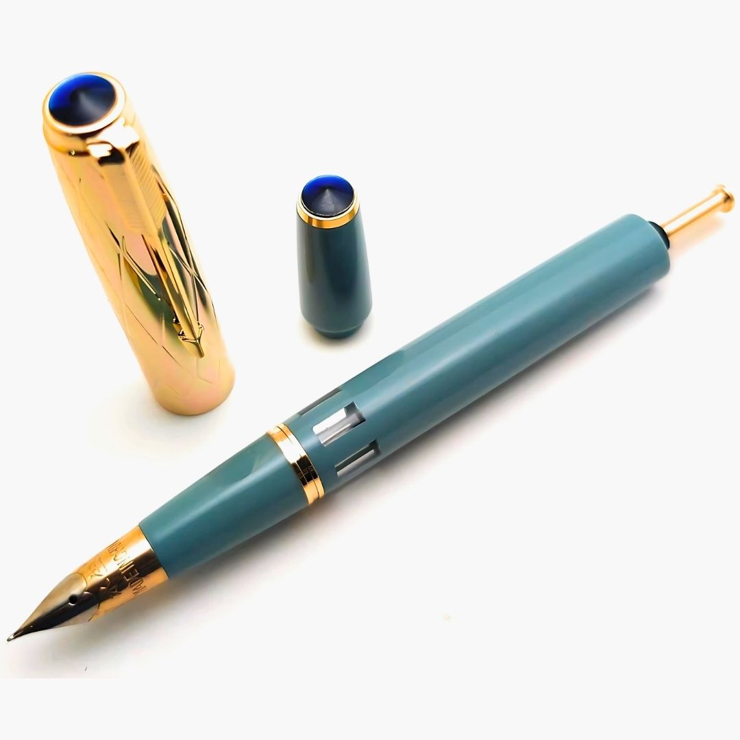 Wing Sung 601A Sky Blue Vacumatic Fountain Pen with Golden Cap – 0.5mm Fine Nib, Ink Window Pen, Resin Body, Push-Cap with Converter & Box (No Ink)