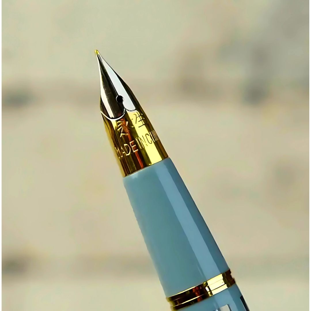 Wing Sung 601A Sky Blue Vacumatic Fountain Pen with Golden Cap – 0.5mm Fine Nib, Ink Window Pen, Resin Body, Push-Cap with Converter & Box (No Ink)