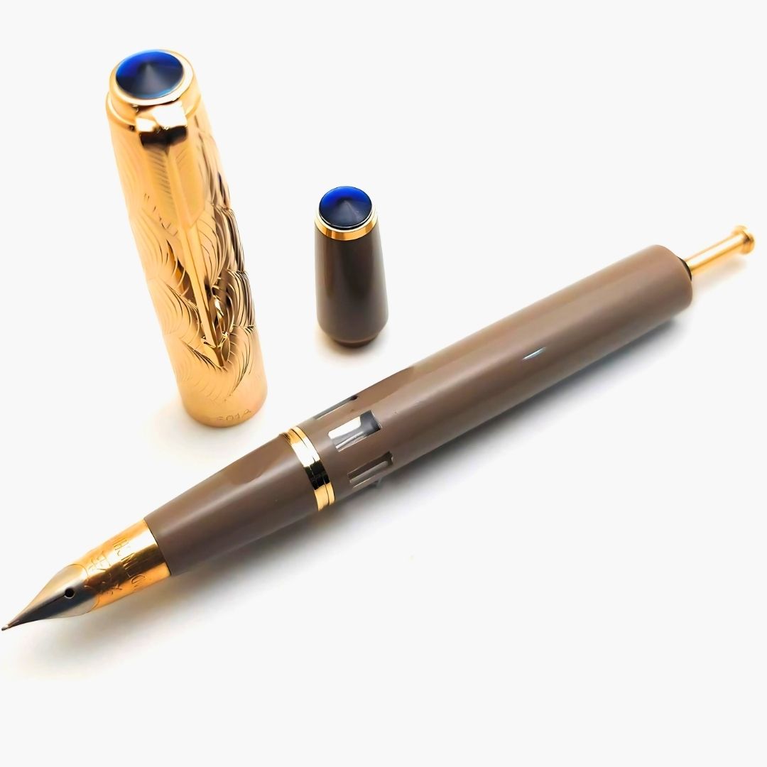 Wing Sung 601A Brown Vacumatic Fountain Pen with Golden Cap – 0.5mm Fine Nib, Ink Window Pen, Resin Body, Push-Cap with Converter & Box (No Ink)