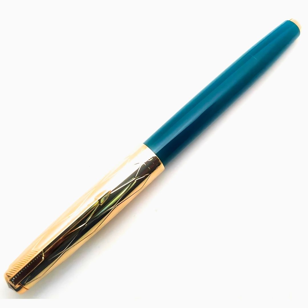 Wing Sung 601A  Blue-Green Vacumatic Fountain Pen with Golden Cap – 0.5mm Fine Nib, Ink Window Pen, Resin Body, Push-Cap with Converter & Box (No Ink)