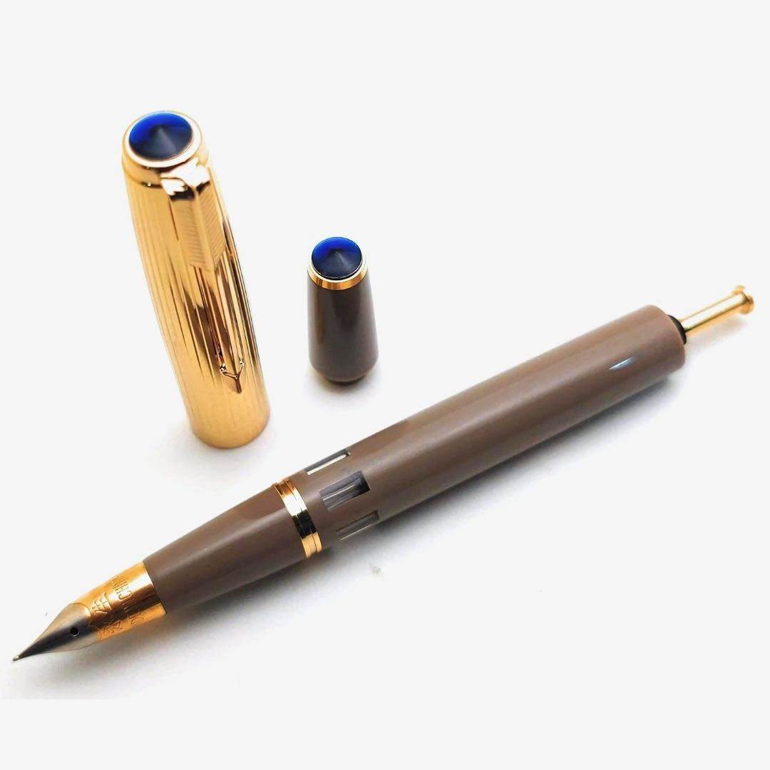 Wing Sung 601A Brown Vacumatic Fountain Pen with Golden Cap – 0.5mm Fine Nib, Ink Window Pen, Resin Body, Push-Cap with Converter & Box (No Ink)