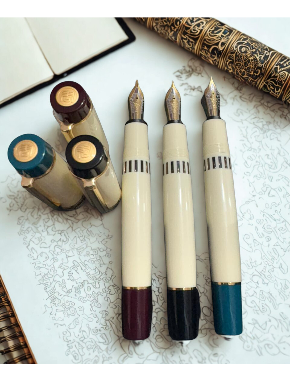 Wing Sung Junlai 630 Flat Top Acrylic Fountain Pen, Gold Trim, Piston Filling System ,Ivory White
