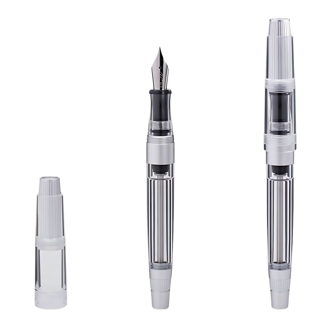 Natami Super Warship Fountain Pen – Fine Nib, Transparent Clear Body, Vacuum Filling System (White Storms Design)