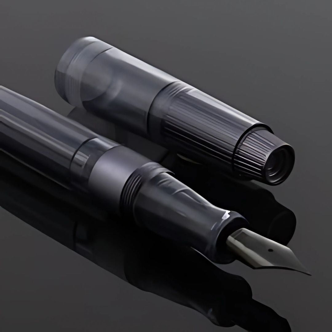 Natami Super Warship Fountain Pen – Fine Nib, Transparent Clear Body, Vacuum Filling System (Black Storms Design)