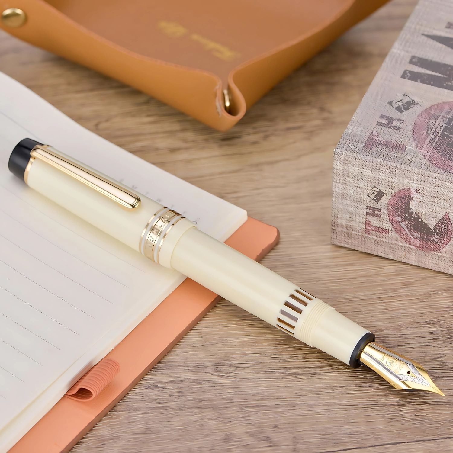 WingSung Junlai 930 Acrylic Fountain Pen – Flat Top Design with Piston Filling System, Size #9 Iridium Nib in Fine, Medium & Broad – Ivory White Body with Gold Trim (No Ink)