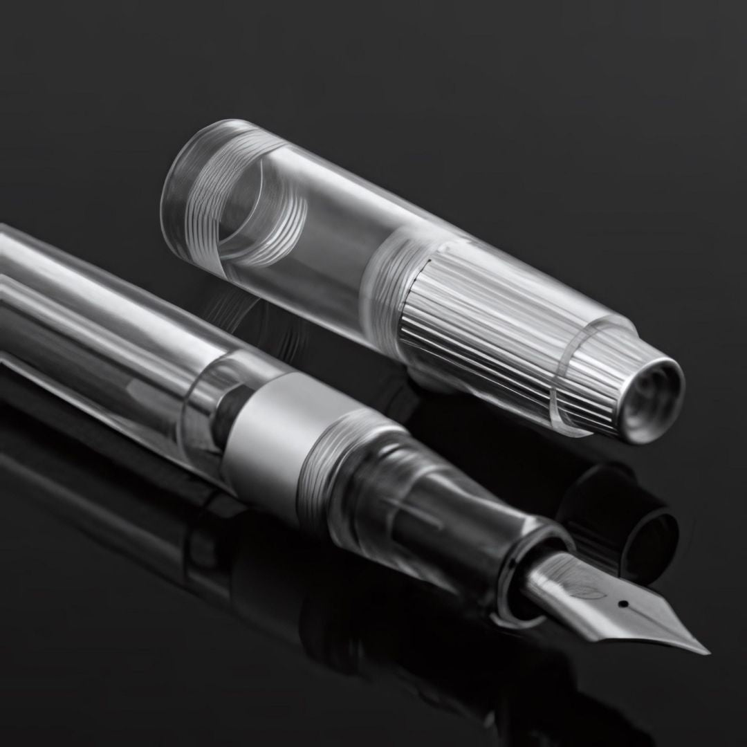 Natami Super Warship Fountain Pen – Fine Nib, Transparent Clear Body, Vacuum Filling System (White Storms Design)