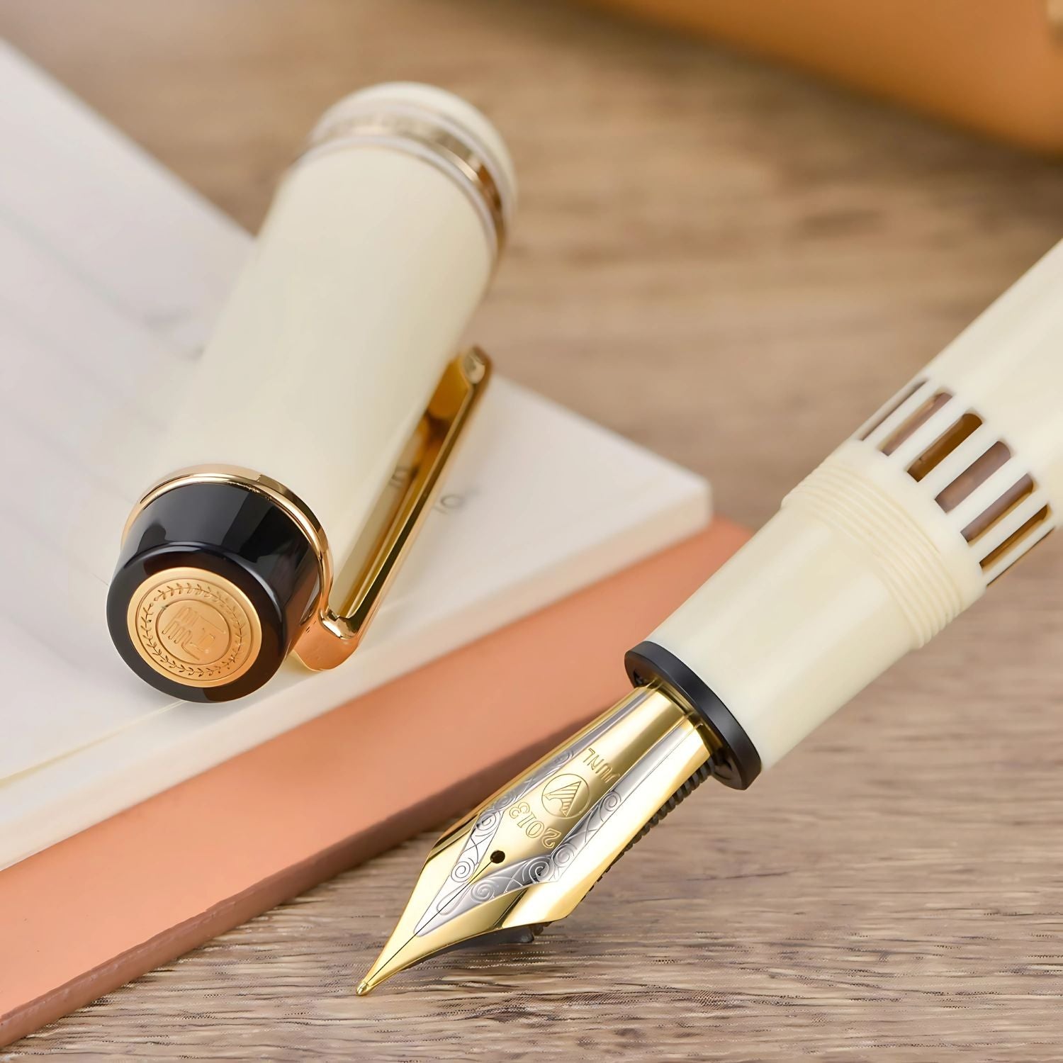 WingSung Junlai 930 Acrylic Fountain Pen – Flat Top Design with Piston Filling System, Size #9 Iridium Nib in Fine, Medium & Broad – Ivory White Body with Gold Trim (No Ink)