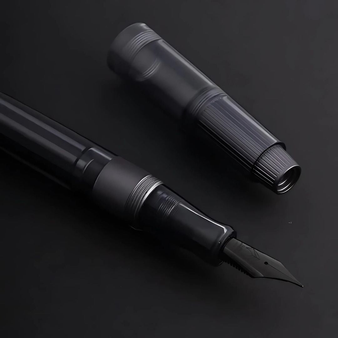Natami Super Warship Fountain Pen – Fine Nib, Transparent Clear Body, Vacuum Filling System (Black Storms Design)