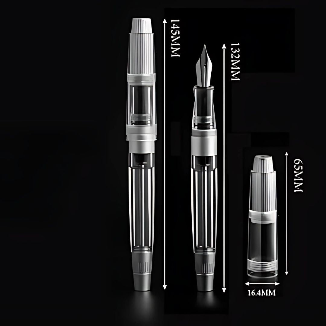 Natami Super Warship Fountain Pen – Fine Nib, Transparent Clear Body, Vacuum Filling System (Black Storms Design)