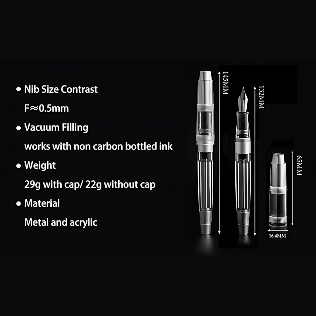 Natami Super Warship Fountain Pen – Fine Nib, Transparent Clear Body, Vacuum Filling System (Black Storms Design)