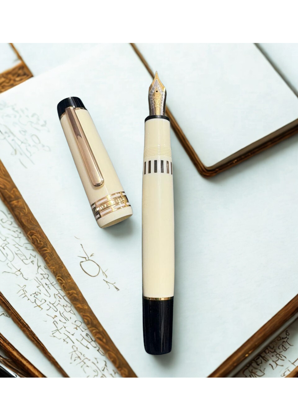 Wing Sung Junlai 630 Flat Top Acrylic Fountain Pen, Gold Trim, Piston Filling System ,Ivory White