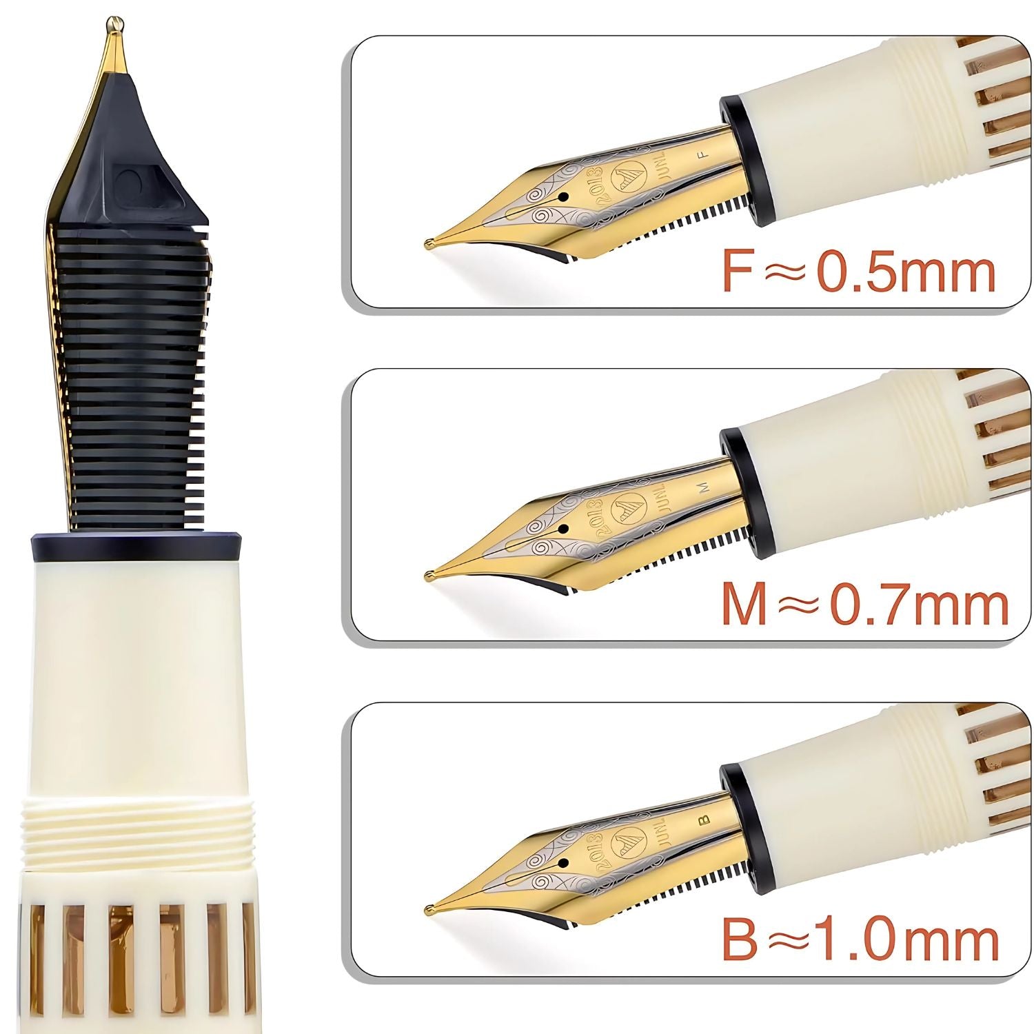WingSung Junlai 930 Acrylic Fountain Pen – Flat Top Design with Piston Filling System, Size #9 Iridium Nib in Fine, Medium & Broad – Ivory White Body with Gold Trim (No Ink)