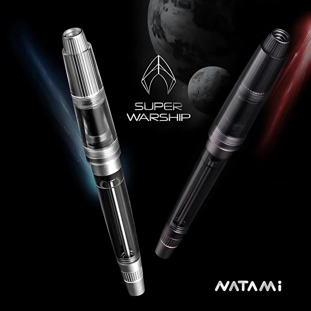 Natami Super Warship Fountain Pen – Fine Nib, Transparent Clear Body, Vacuum Filling System (Black Storms Design)