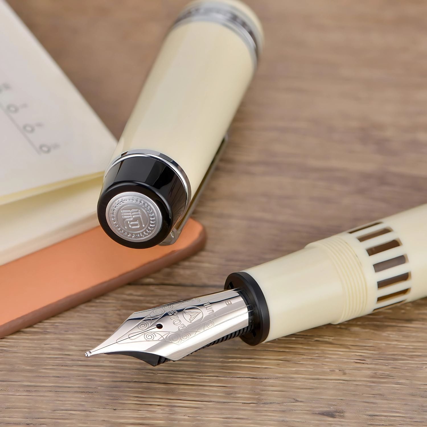 WingSung Junlai 930 Acrylic Fountain Pen – Flat Top Design with Piston Filling System, Size #9 Iridium Nib in Fine, Medium & Broad – Ivory White Fence Ink Tank with Silver Trim (No Ink)