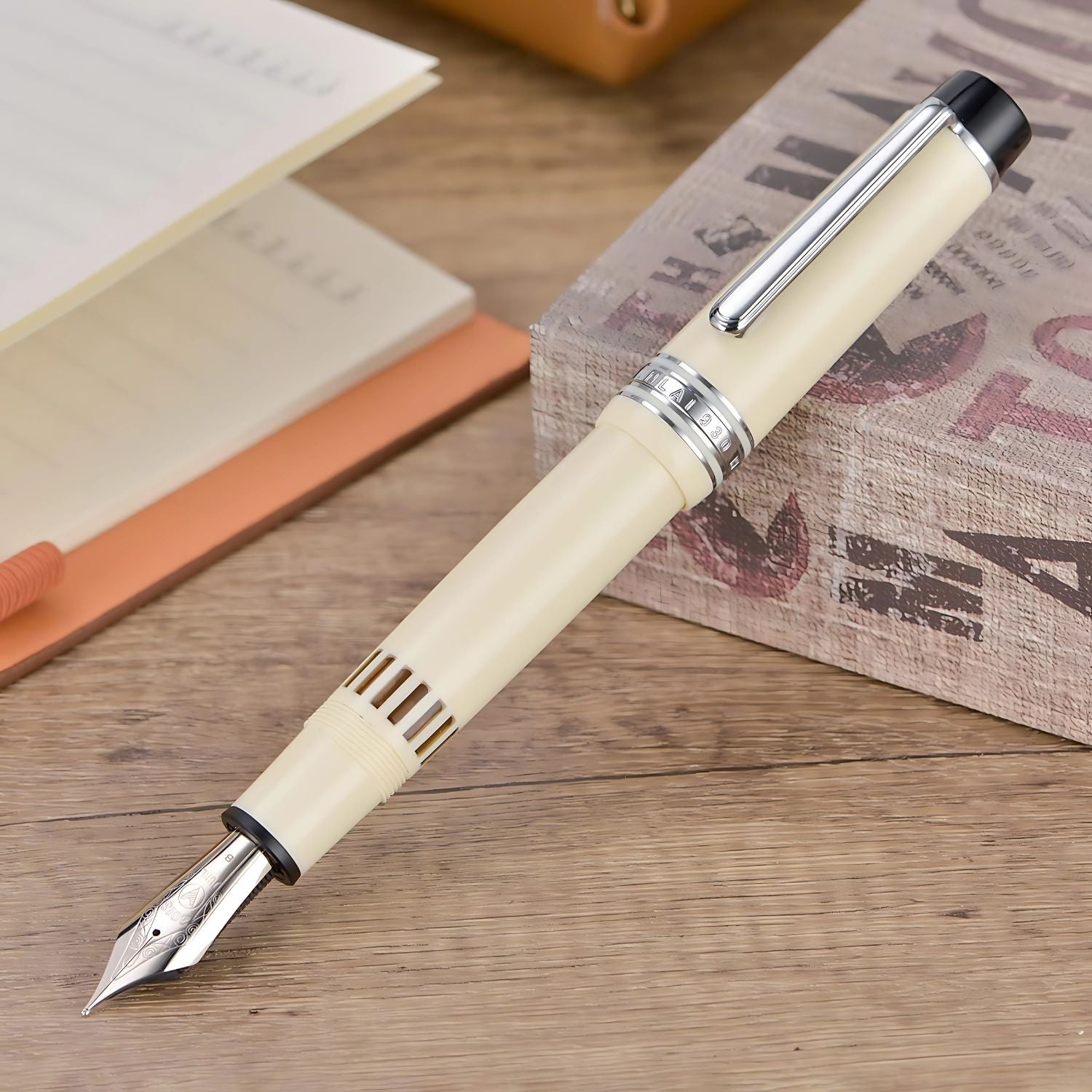 WingSung Junlai 930 Acrylic Fountain Pen – Flat Top Design with Piston Filling System, Size #9 Iridium Nib in Fine, Medium & Broad – Ivory White Fence Ink Tank with Silver Trim (No Ink)