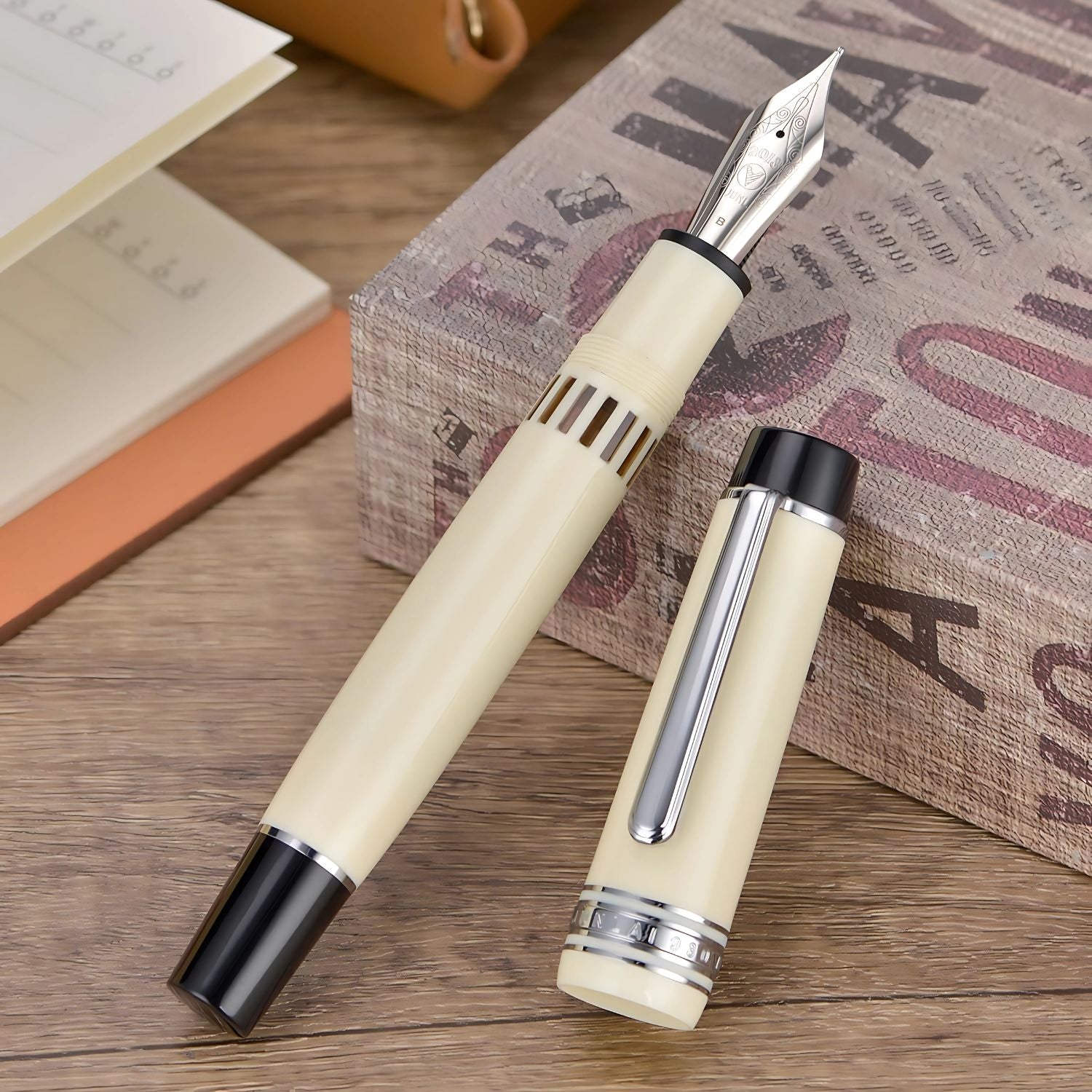 WingSung Junlai 930 Acrylic Fountain Pen – Flat Top Design with Piston Filling System, Size #9 Iridium Nib in Fine, Medium & Broad – Ivory White Fence Ink Tank with Silver Trim (No Ink)