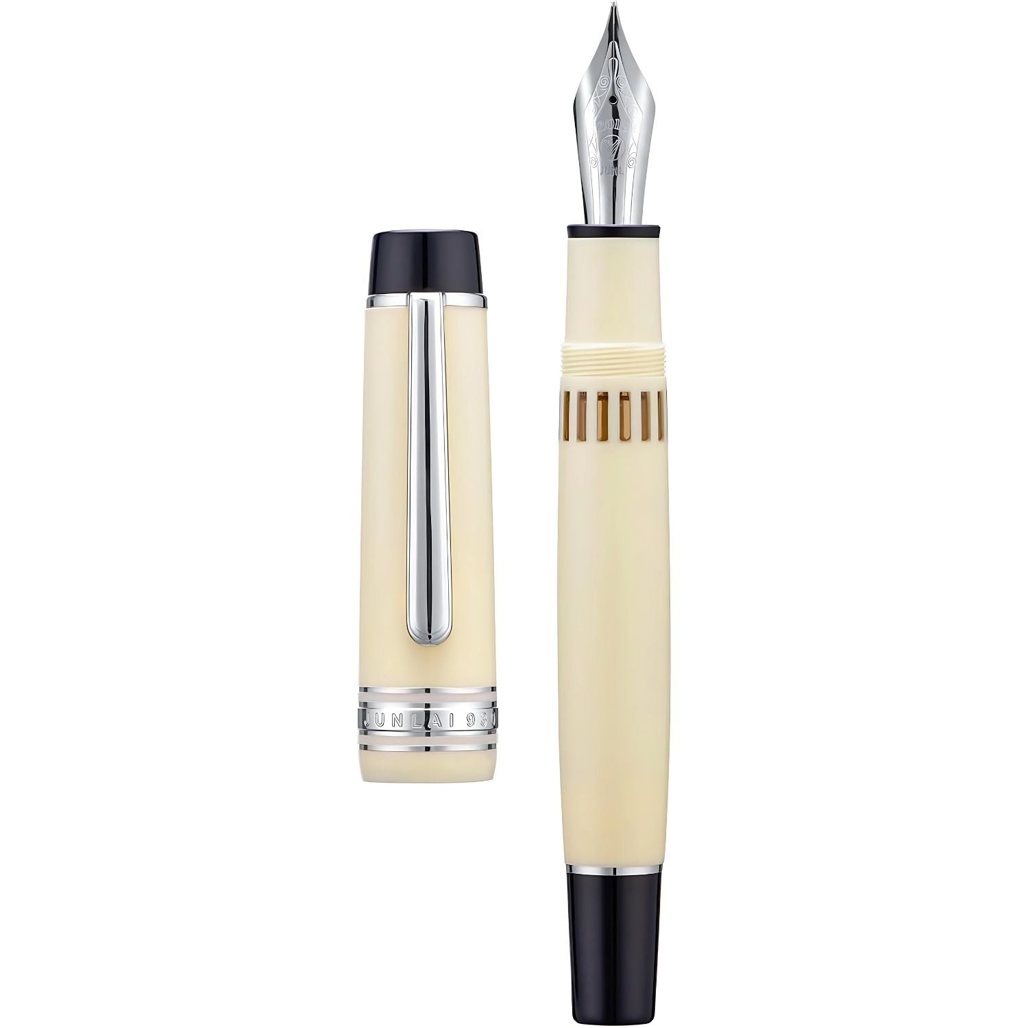 WingSung Junlai 930 Acrylic Fountain Pen – Flat Top Design with Piston Filling System, Size #9 Iridium Nib in Fine, Medium & Broad – Ivory White Fence Ink Tank with Silver Trim (No Ink)