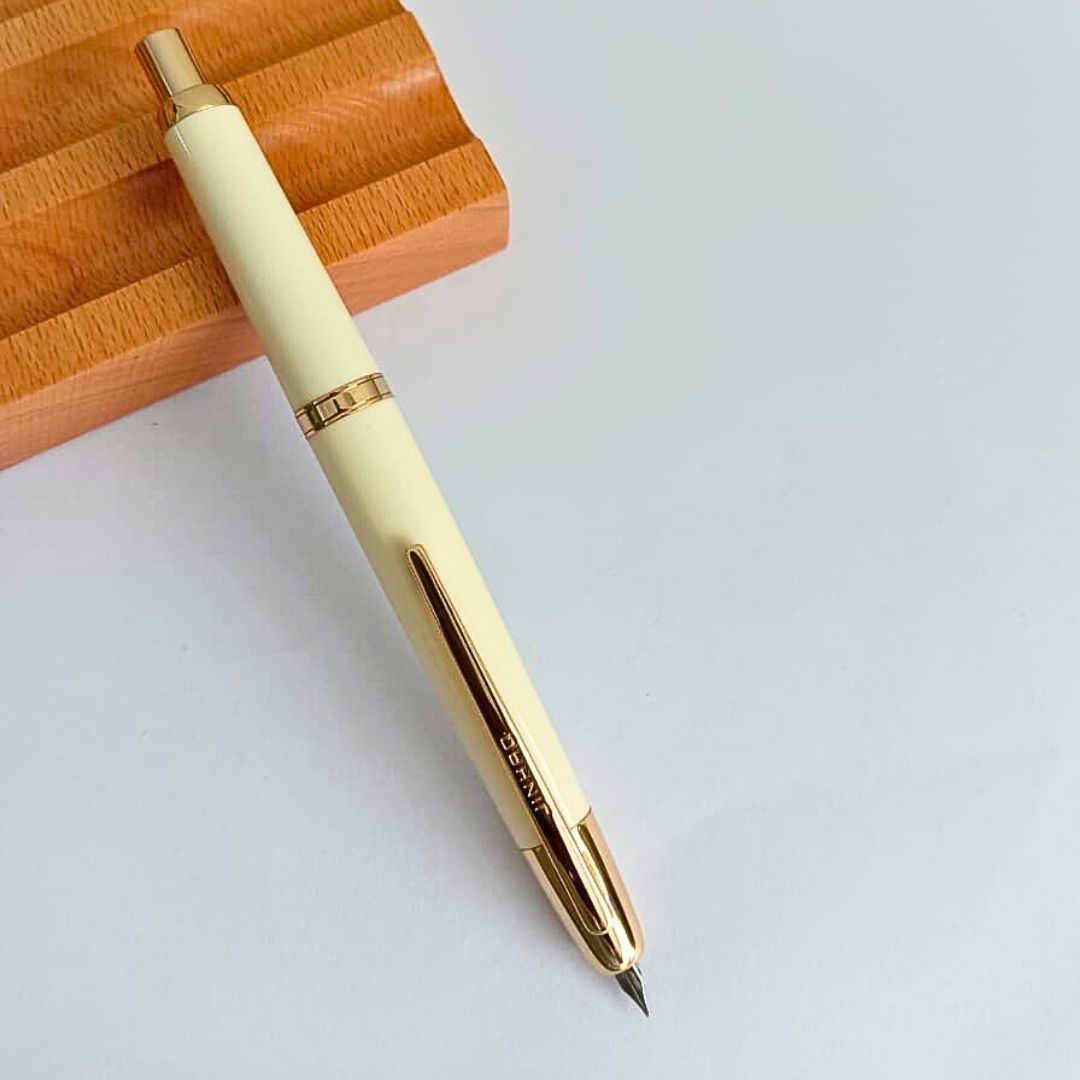 Jinhao 20 Press Retractable Fountain Pen –Ivory White Colors – Plastic Body (Golden clip) -Fine & Extra Fine Nib with Converter – Smooth Writing Daily Pen (No Ink Included)