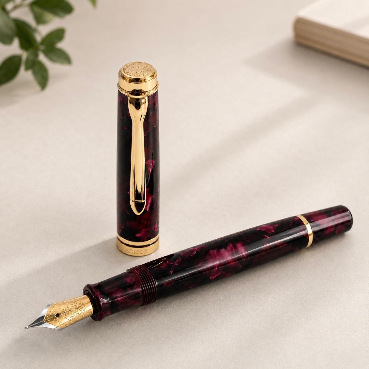 ADMOK M800 Piston Fountain Pen with #6 Nib, Burgundy Black Marbled Body, Gold Trim