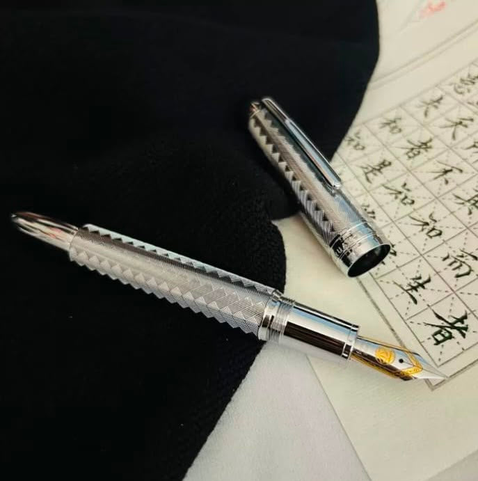 LEMON M8 Piston Filling Fountain Pen with Naginata Style Nib, Diamond Pattern Metal Body, Piston Filler, Luxury Writing Pen for Calligraphy