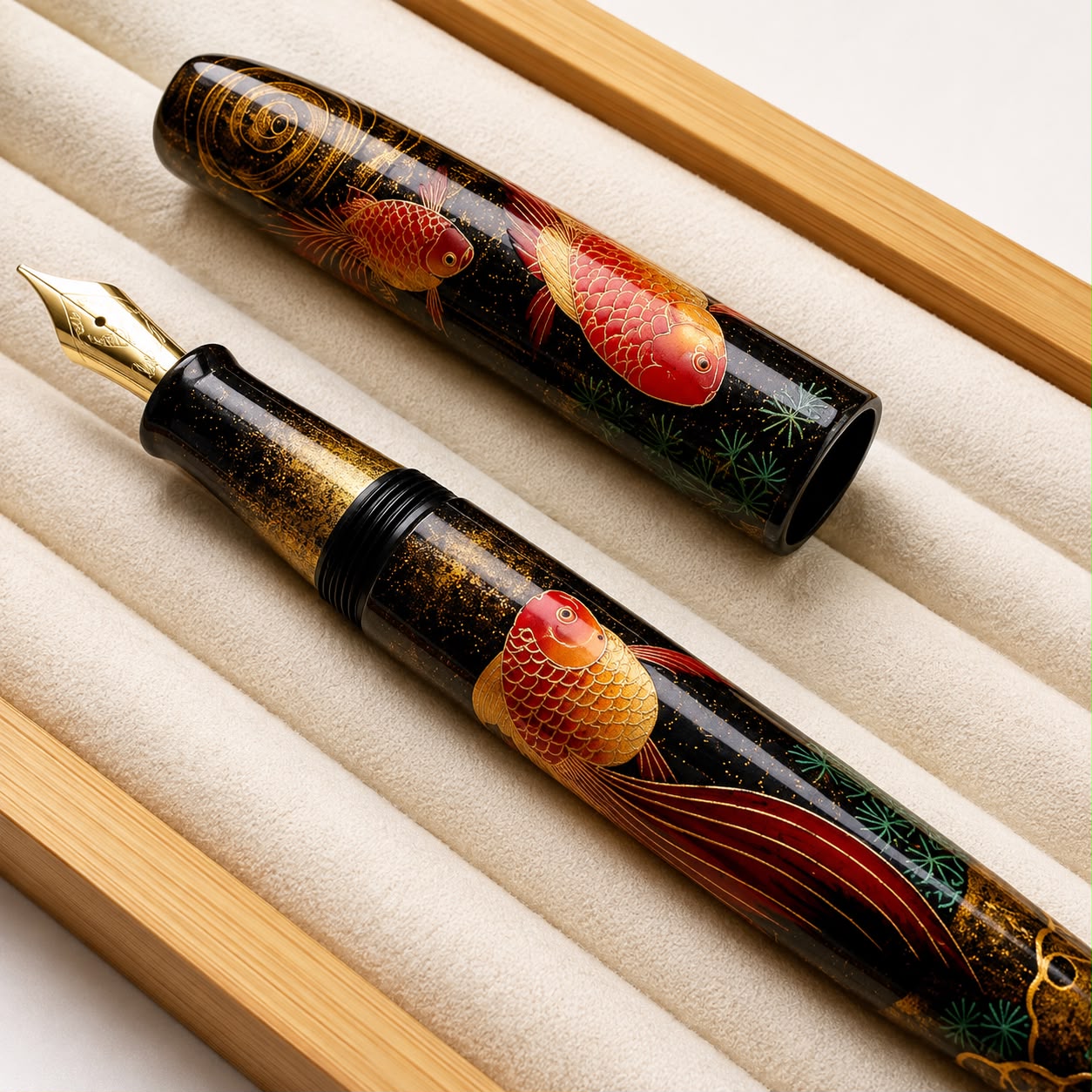 SELMY GoldFish Handcrafted Natural Raw Lacquer Maki-e Fountain Pen – No.30 Ebonite Body with Lacquered Bock Feed, Traditional Artisan Crafted