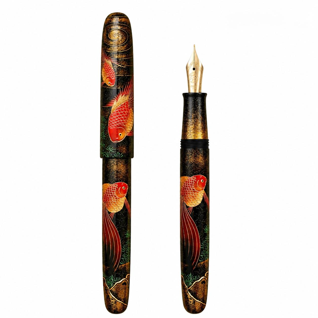SELMY GoldFish Handcrafted Natural Raw Lacquer Maki-e Fountain Pen – No.30 Ebonite Body with Lacquered Bock Feed, Traditional Artisan Crafted