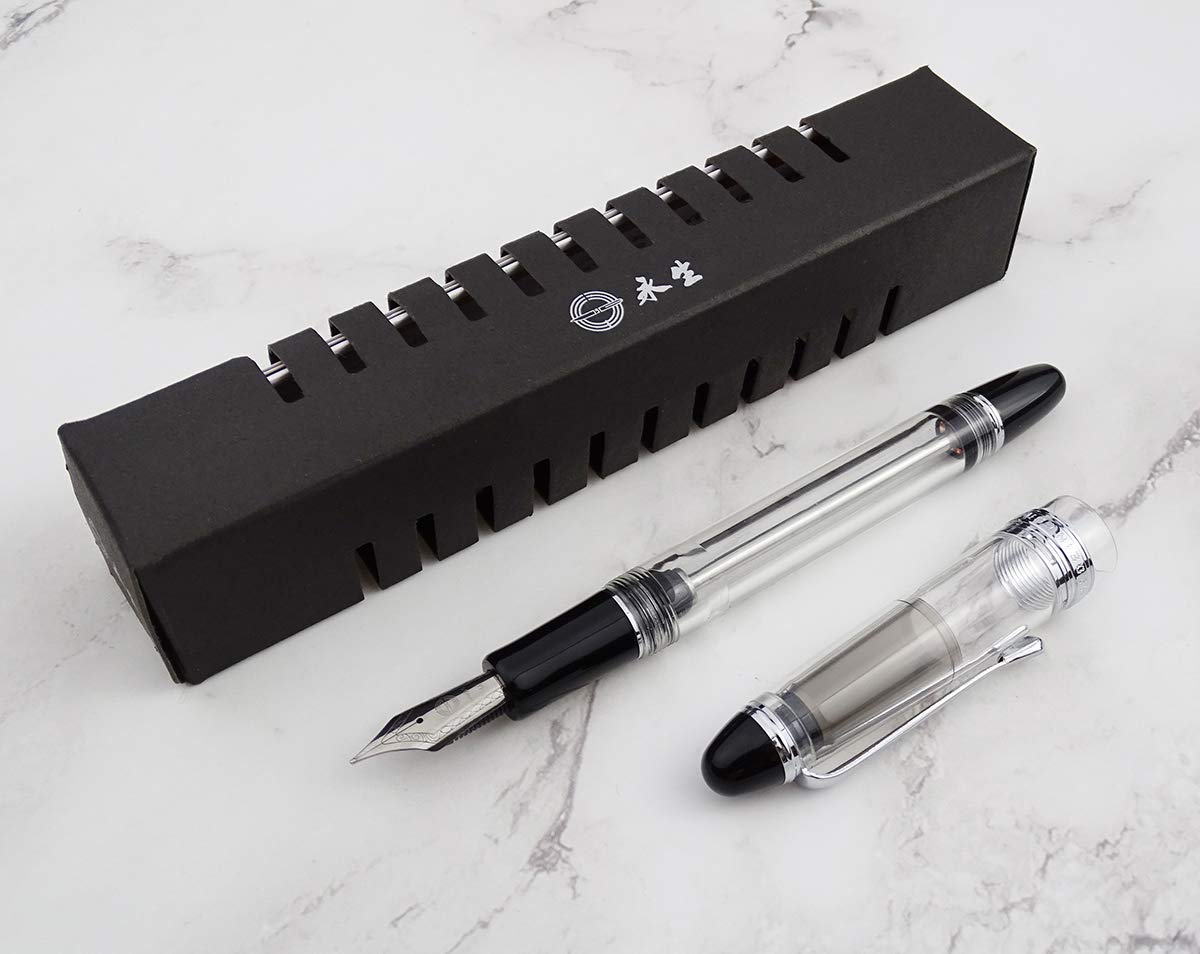 Wing Sung 699 Vacuum Filling Fountain Pen – Fine  Nib, Transparent Acrylic with Silver Clip