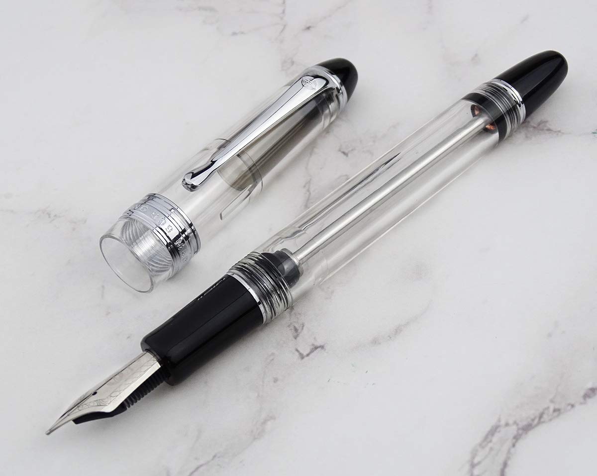 Wing Sung 699 Vacuum Filling Fountain Pen – Fine  Nib, Transparent Acrylic with Silver Clip
