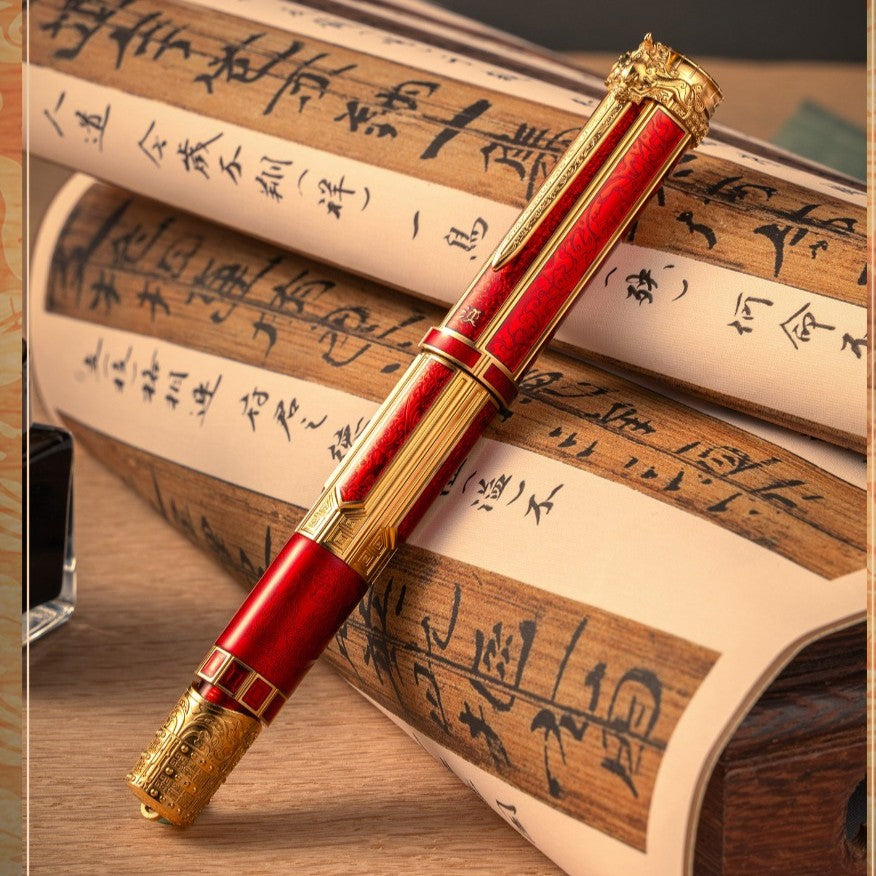 Xi Yun D6 Piston Filler Fountain Pen – Brass Body, Red Enamel Inlay, Gold-Tone Finish, EF/F Nib
