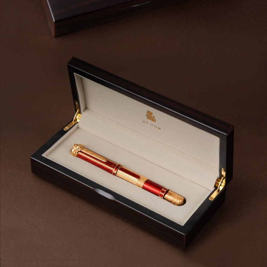 Xi Yun D6 Piston Filler Fountain Pen – Brass Body, Red Enamel Inlay, Gold-Tone Finish, EF/F Nib