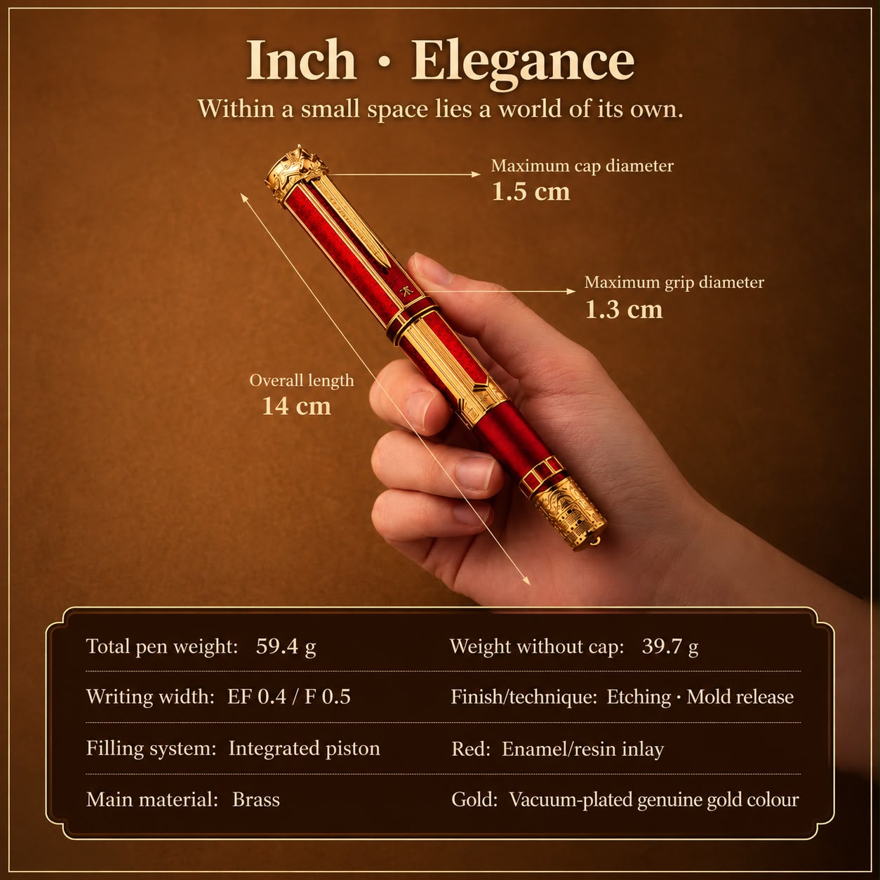 Xi Yun D6 Piston Filler Fountain Pen – Brass Body, Red Enamel Inlay, Gold-Tone Finish, EF/F Nib