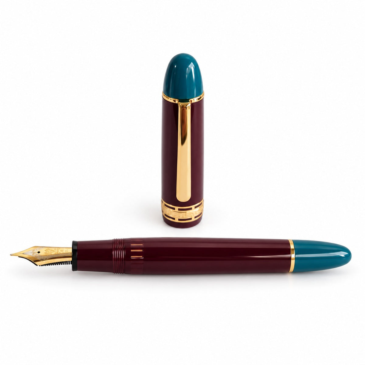 Wing Sung 630 Bespoke Round Top Limited Edition Fountain Pen – Maroon & Teal with Gold Trim, Size 8 Nib & Piston Filling System