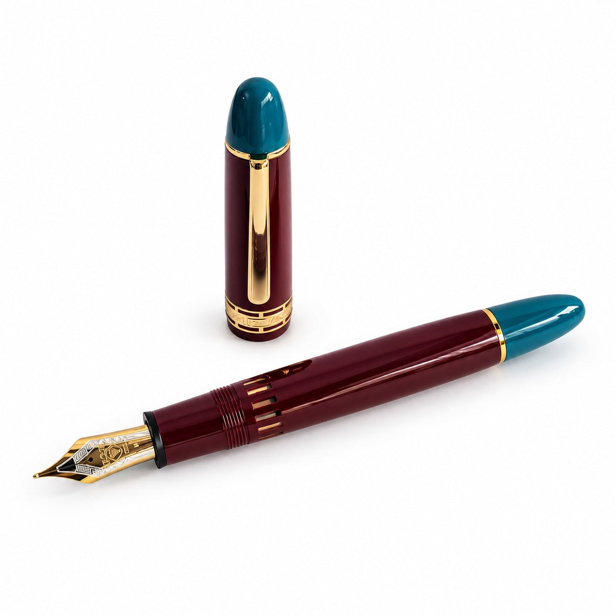 Wing Sung 630 Bespoke Round Top Limited Edition Fountain Pen – Maroon & Teal with Gold Trim, Size 8 Nib & Piston Filling System